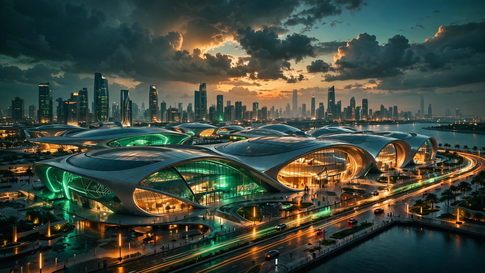 Futuristic exhibition district illuminated at dusk