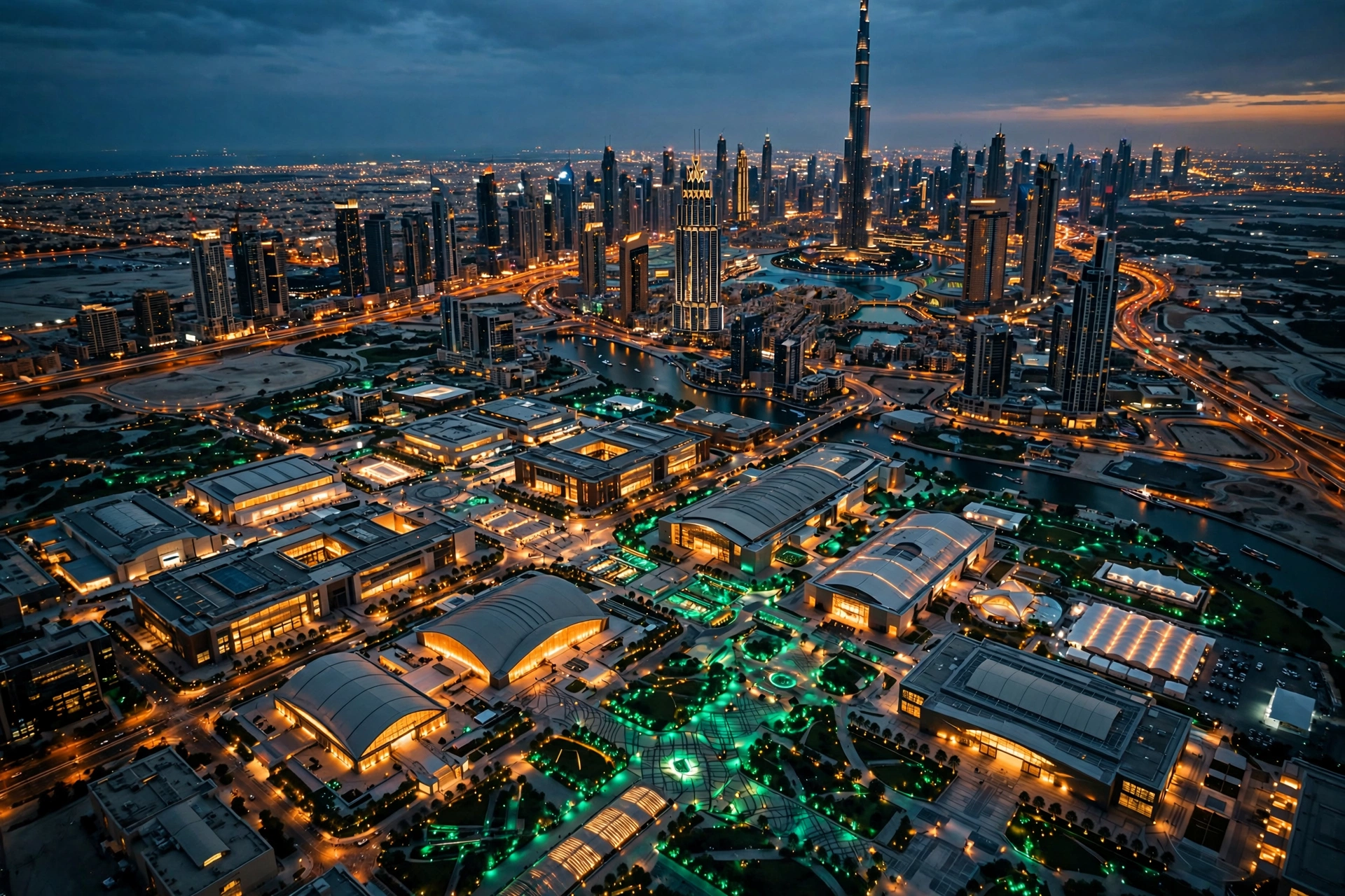 Dubai exhibition district and skyline at dusk